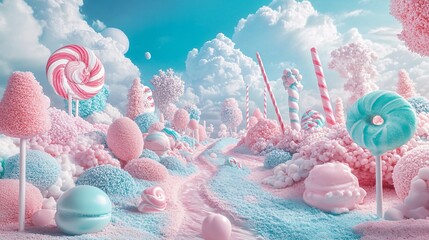 40.Dreamy and colorful pastel candy landscape, characterized by vibrant and whimsical details, creating a surreal fantasy world full of sugary charm and playful textures