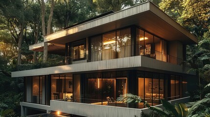 Fototapeta premium Modern architectural nestled in a dense forest, featuring striking, long, decorative wooden beams and accents that blend sophistication with nature.