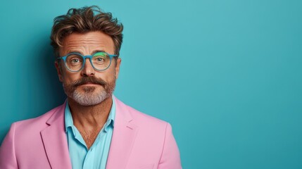 Fototapeta premium A man with glasses and a beard wearing a pink blazer and blue shirt stands looking serious against a plain blue background, showcasing contrast and style.
