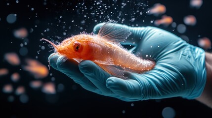 A close-up of a clownfish is being examined by a scientist wearing protective gloves, showcasing the intricacies of underwater life and human curiosity for marine biology.