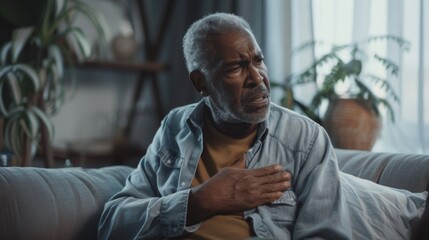 Worried Elderly Man Holding Chest, Health Issues, Medical Concern