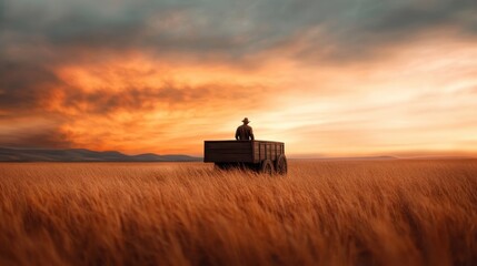 Fototapeta premium A solitary figure atop a trailer in an expansive golden wheat field under a vibrant sunset sky, depicting isolation, freedom, and the beauty of nature.