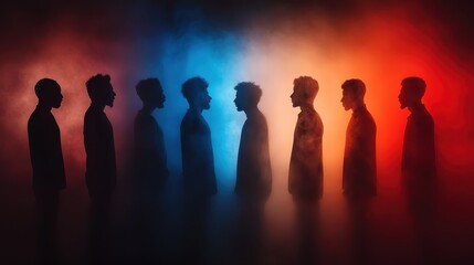 Fototapeta premium Eight silhouetted figures stand facing each other against a dramatic background in shades of blue and red, creating an atmosphere of mystery, confrontation, and allure.
