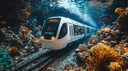 A futuristic train travels through an underwater coral reef.