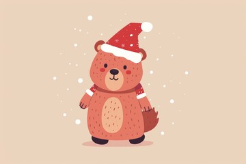 Festive cartoon bear in santa hat with snowflakes