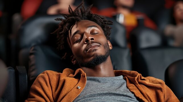 A relaxed man enjoys a peaceful sleep in a comfortable cinema seat, capturing a moment of tranquility and rest amidst the plush environment of a theater.
