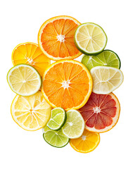 Obraz premium Sliced citrus fruits, including orange, lemon, lime, and grapefruit, are arranged on a white surface