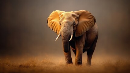 Obraz premium A majestic elephant strides confidently through a golden grassfield, its tusks prominent and stance powerful, evoking themes of nature's strength and serenity.