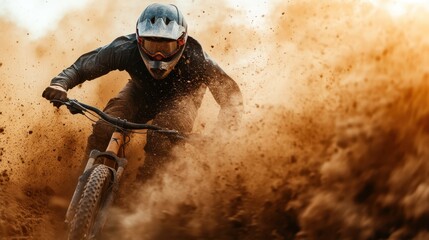 Obraz premium A mountain biker rides through a dusty trail, capturing the thrill and excitement of outdoor sport and adventure amidst swirling clouds of dust and speed.