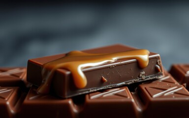 A close-up of a chocolate bar covered in caramel, resting on a stack of other chocolate bars