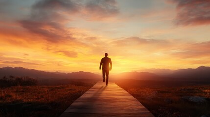 Fototapeta premium A resolute silhouette of a man confidently walks towards a horizon aglow with a vivid, colorful sunset, symbolizing hope, direction, and the journey ahead.