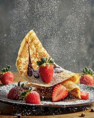 Delight in decadence savor the fluffy crepes topped with fresh strawberries and a dusting of powdered sugar