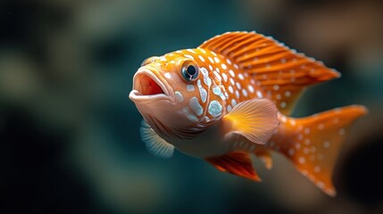 Obraz premium A brightly colored orange fish with white spots swims gracefully through a vibrant coral reef, showcasing the stunning underwater marine life environment.