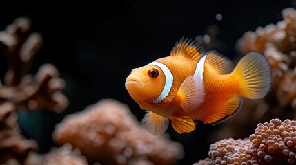 Obraz premium Two bright orange clownfish with striking white stripes explore the vibrant coral reefs, illustrating the lively and colorful underwater world of the oceans.