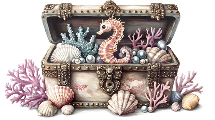 Treasure Chest with Seashells  Seahorse  and Coral