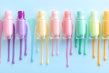 A flat lay of nail polish bottles in pastel colors, with each bottle tipped slightly to show dripping paint