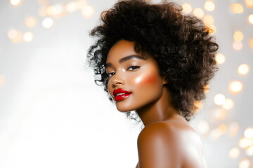 A model with dewy skin and glossy red lipstick, glowing highlighter on cheeks, natural curls framing her face