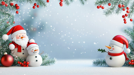 Fototapeta premium Santa Claus and Snowman Cartoon Spreading Christmas Cheer.Cute Christmas Cartoon: Santa and Snowman in Winter Wonderland.A Whimsical Christmas Cartoon Scene