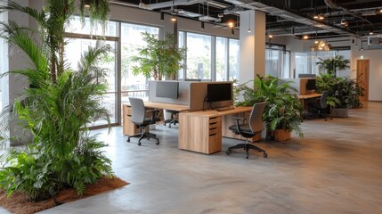 Fototapeta premium Modern Office Space with Lush Greenery and Natural Light Featuring Ergonomic Desks and Monitors in a Stylish Workspace Design for Productivity and Collaboration