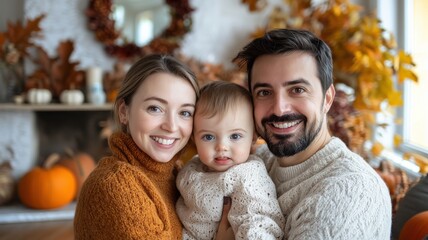Obraz premium Family Photo, A joyful family portrait featuring a couple and their baby, surrounded by autumn decor, showcasing warmth and togetherness.