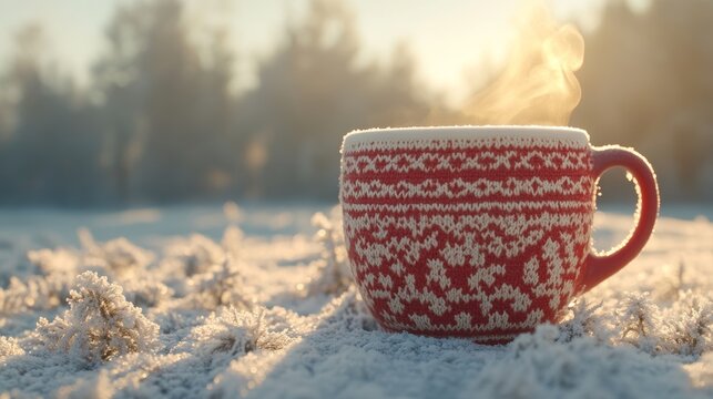 Minimalist photo of a warm cup with a Scandinavian knit pattern among frost-covered trees, steam rising in the cold air, space for text above