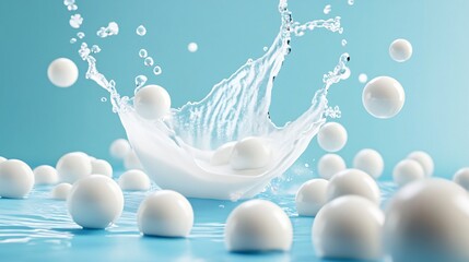 80.Illustrative 3D scene showing milk tablets splashing onto calcium balls on a blue background, emphasizing the role of vitamin D in strengthening bones