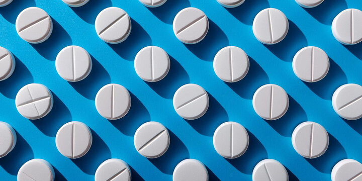 Patr&oacute;n de pastillas de tableta redondas sobre un fondo azul. Sombras duras.