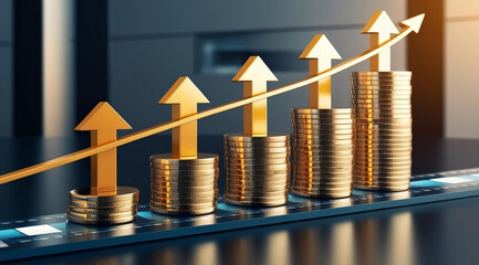 A vibrant image showing stacked coins with upward arrows, symbolizing financial growth and profitability in a modern business environment.