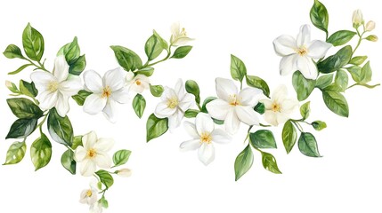 Obraz premium Watercolor White Flowers Branch Green Leaves Floral Design Spring Flowers