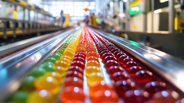 50.Production tape in a candy factory with jelly candies, shown with selective focus to accentuate the bright colors and shiny textures of the candies on the conveyor