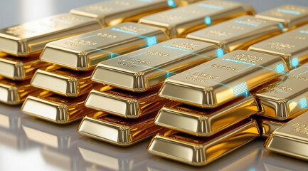 A stack of shiny gold bars, reflecting light, symbolizing wealth, luxury, and investment opportunities in precious metals.