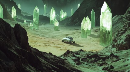 A futuristic rover navigates an alien landscape dotted with giant crystal formations, evoking a sense of discovery and space exploration in an unknown world.