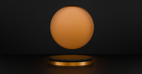 Realistic 3D cylindrical podium on black background with round orange, Arch backdrop scene. Minimalist 3D mockup