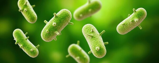 Exposure of bacteria concept. Close-up of green bacteria floating against a vibrant green background, showcasing their rod-like shape and microscopic structure.