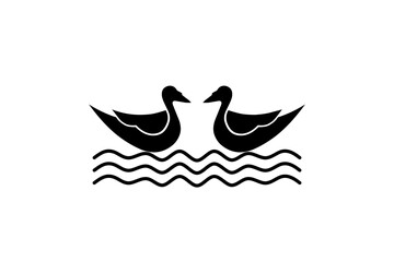 Minimalist silhouette illustration vector design featuring two ducks floating gracefully on a wavy waterline, symbolizing serenity and nature. Perfect for art, nature, and wildlife themed projects.