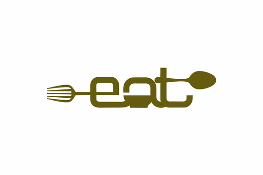 Minimalist logo vector design of the word "eat" combined with a fork, bowl and spoon, symbolizing food. Ideal for culinary businesses and food enthusiasts looking for modern and creative branding.