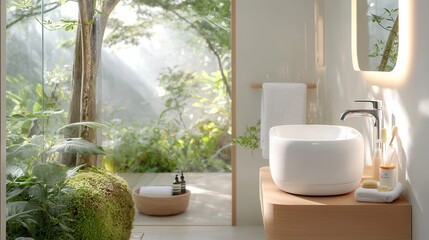 Fototapeta premium Tranquil Bathroom Retreat with Natural Elements, Eco-Friendly Design, Lush Greenery, Sunlit Space, and Modern Aesthetic for a Relaxing Atmosphere