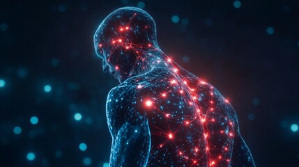 A man's body is made of glowing lights and wires