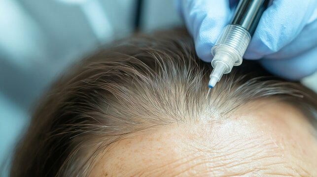 Close-up of a hair micropigmentation procedure on a middle-aged person's scalp.