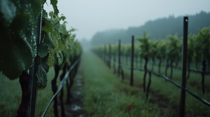 Dew-kissed grapevines in a vineyard stretch toward a foggy horizon, showcasing nature&rsquo;s calm beauty and agricultural life in the mist.