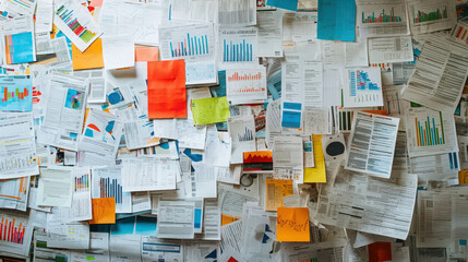 Colorful Collage of Printouts and Charts Overlapping on a Wall, Depicting Data Visualization, Financial Reports, and Informative Graphics in a Dynamic Workspace