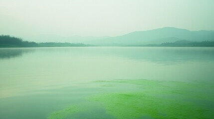 Fototapeta premium A serene lake shrouded in a misty ambiance stretches towards distant mountains, creating a tranquil, ethereal landscape scene.
