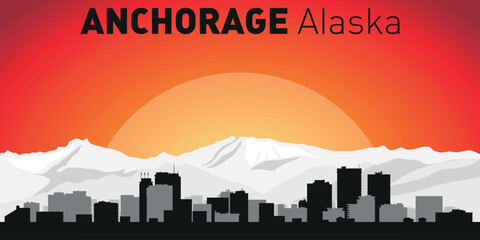Anchorage city skyline with silhouettes of buildings against the backdrop of a large yellow sun and orange sky. Vector on the background of sunset