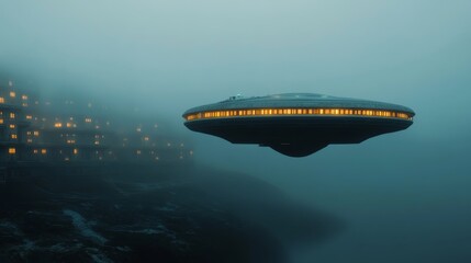 A futuristic, glowing UFO hovers mystically near a mist-cloaked landscape with illuminated windows, evoking mystery and suspense.