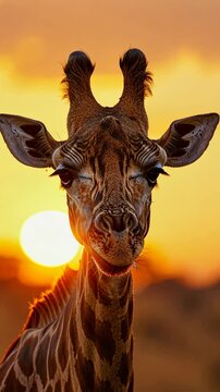 Giraffe portrait at sunset, close-up view. Wildlife and nature photography concept