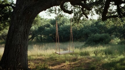 A wooden swing hangs from a majestic tree, creating a focal point in a tranquil forest, inspiring nostalgia and a connection with nature.