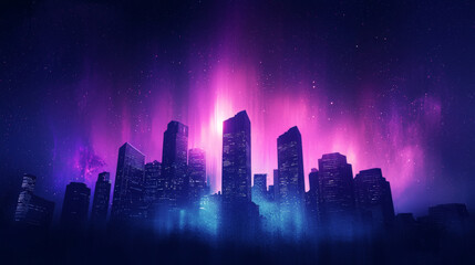 city skyline illuminated by vibrant, color changing aurora, creating stunning visual effect against night sky. scene evokes sense of wonder and beauty