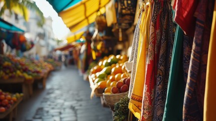 Obraz premium A bustling market street teeming with colorful textiles and fresh produce, capturing the vibrancy and energy of local trade.