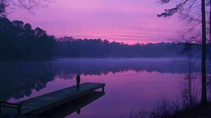 Obraz premium Silhouette of a person at dawn by the tranquil lake, surrounded by mist and vibrant colors.