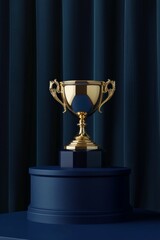 3D render of a golden trophy on a navy blue podium, a trophy award for success and achievement. 
